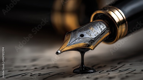 Wallpaper Mural Close-up macro shot of a classic fountain pen nib with a drop of black ink about to fall onto old textured paper with calligraphy script Torontodigital.ca