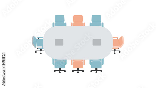 Modern minimalist conference room with colorful ergonomic chairs arranged around a sleek oval