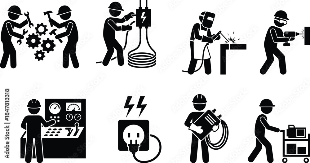 Obraz premium Industrial worker silhouettes set showing electricians, welders and factory labor activities, manufacturing safety and engineering icons isolated on white background