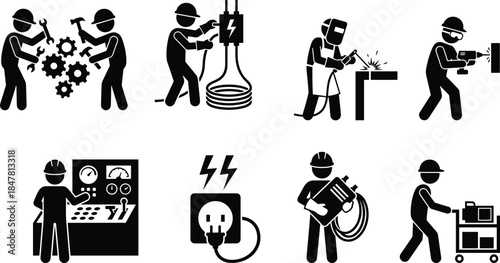 Industrial worker silhouettes set showing electricians, welders and factory labor activities, manufacturing safety and engineering icons isolated on white background