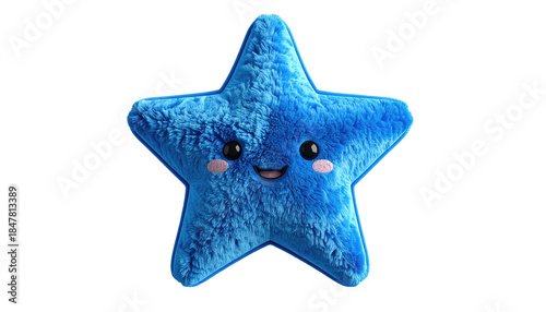 A fluffy, five-pointed blue celestial body with a sweet, smiling face and rosy cheeks. It floats on a pure black backdrop