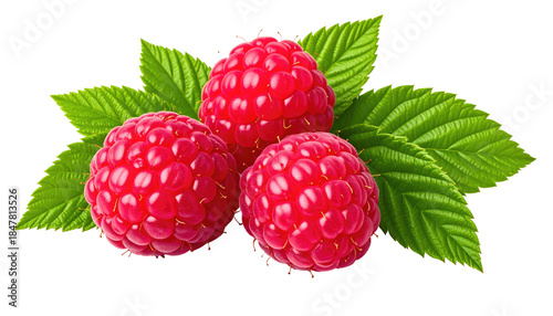 Three vibrant, ripe red berries are the focal point, accented by lush green leaves against a transparent background