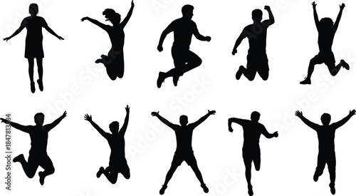 Jumping silhouette vector set, energetic poses, black figures, flat illustration, athletic movement, joyful action, dynamic posture, celebration, freedom, motion
