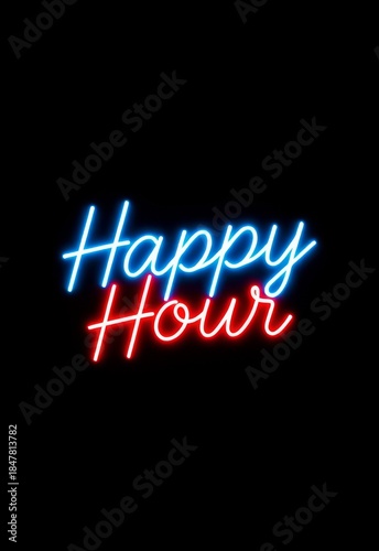 Blue and red neon sign Happy Hour glowing on black background, perfect for bar, party, nightlife, drink promotion or club event