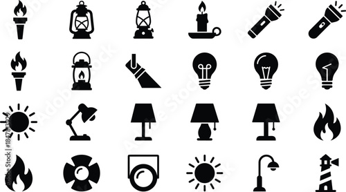 Light source silhouettes set featuring lamps, lanterns, flashlights, fire and bulbs, illumination icons collection isolated on white background