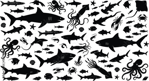 Marine Life Silhouettes Collection Featuring Sharks, Fish, Octopus, Squid and Sea Creatures Isolated on White Background