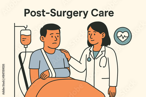 Doctor reassures injured patient in bed during post-surgery care.