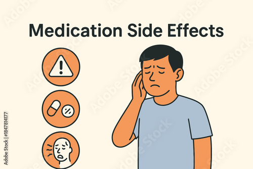 Man experiencing headache due to medication side effects, with warning icon.