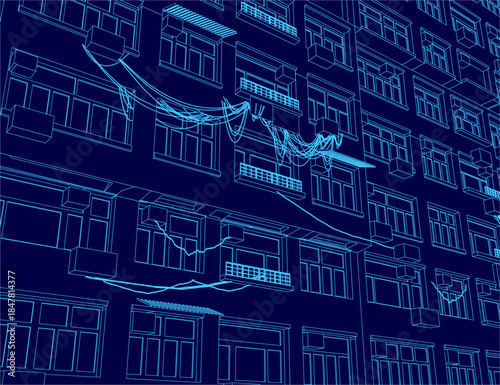 Architectural blueprint of a building facade with detailed windows and balconies on a solid blue background.