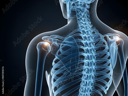 Futuristic 3D X-ray style render of the human shoulder anatomy, back view. Transparent skeletal structure with glowing bones, including scapula, clavicle, and humerus. X-ray effect showing detailed sh
