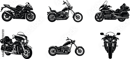 Motorcycle silhouettes, sport cruiser touring chopper styles, front and side views, flat vector illustration, cad drawing, stock asset, vehicle design