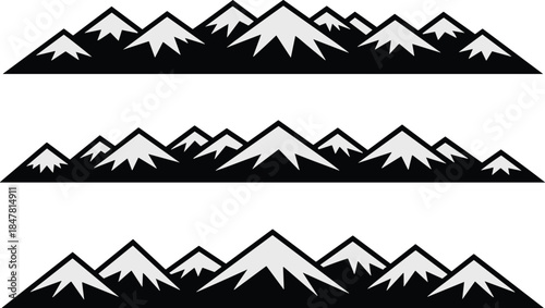 Mountain range silhouette set, snow-capped peaks, black vector rows, outdoor landscape icons, flat CAD drawing, nature illustration design