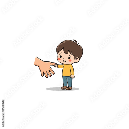 Cartoon illustration portraying a touching moment between a child and an adult's hand showing