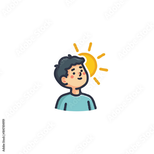Cartoon illustration of a young man gazing at the sun suggesting optimism positive emotions and