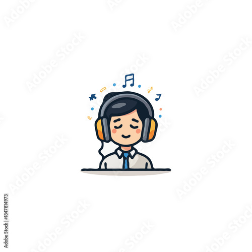 Cartoon student with headphones absorbing melodic symphony of music notes in a vibrant