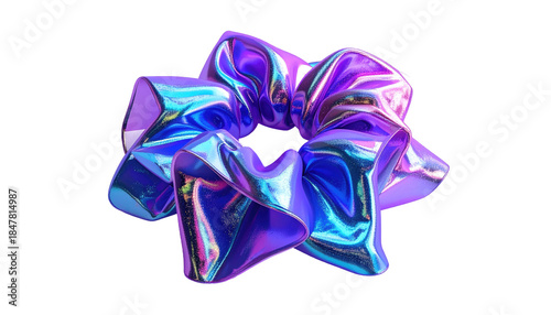A vibrant, iridescent, multi-layered ribbon bow floats against a solid black backdrop. The 3D render displays complex folds