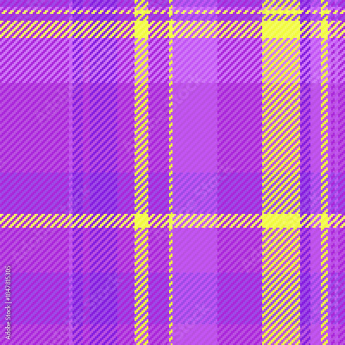 1960s background vector plaid, duvet check textile fabric. Geometrical texture seamless pattern tartan in purple and violet colors.