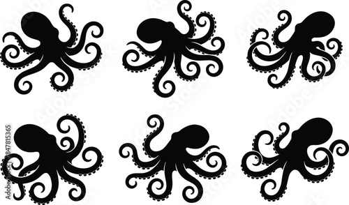 Octopus silhouettes, marine animal poses, tentacle curling variations, sea creature theme, flat vector illustration, cad drawing, stock asset, ocean wildlife
