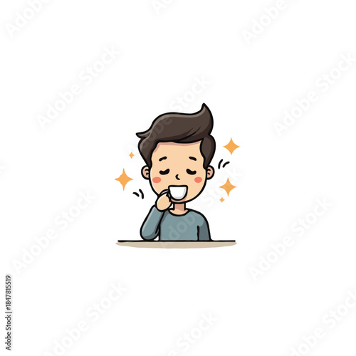 Happy boy cartoon character enjoying oral hygiene while brushing teeth creating positive vibes and