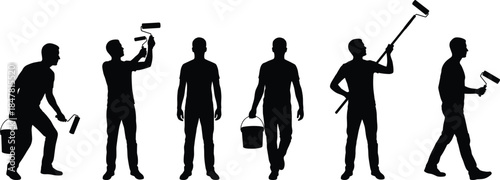 Painter silhouettes, paint roller and bucket poses, home improvement theme, manual labor action, flat vector illustration, cad drawing, stock asset