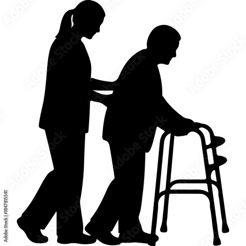 Caregiver assisting senior with walker with transparent background