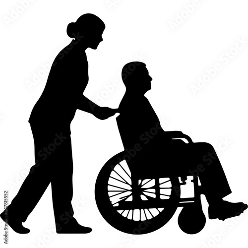 Caregiver assisting person in wheelchair with transparent background