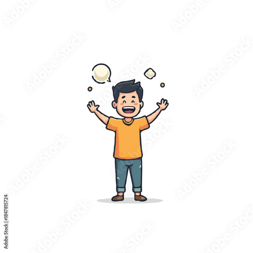 Joyful boy illustration with expressive face, arms raised in happiness, displaying positive