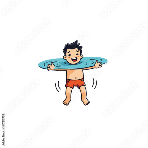 Joyful water time cartoon boy swimming with blue inflatable ring depicting carefree childhood fun