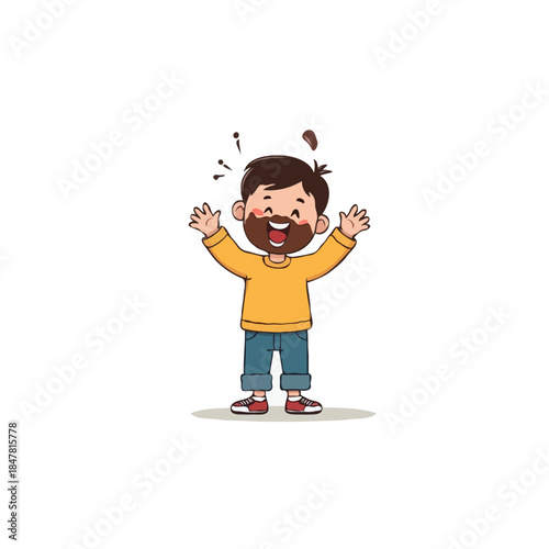 Joyful young boy covered with playful chocolate spots raising his arms celebrates a delicious