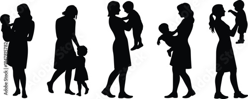 Parent child silhouette, adult holding kid, family love pose, caregiving moment vector, emotional bonding icon, cad drawing flat vector illustration