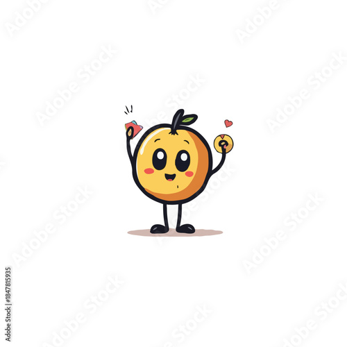 Playful orange character juggling fruit slices radiating happiness in a whimsical and delightful