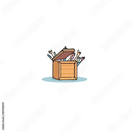 Whimsical illustration of reaching hands emerging from a wooden box depicting surprise and playful