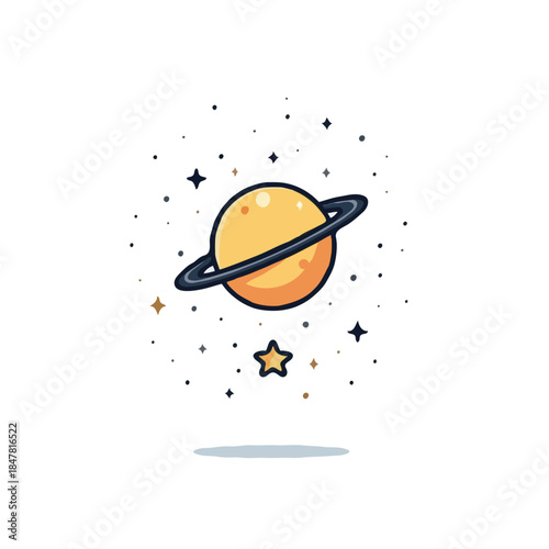 Whimsical planetary illustration with ringed sphere surrounded by shimmering stars evokes cosmic