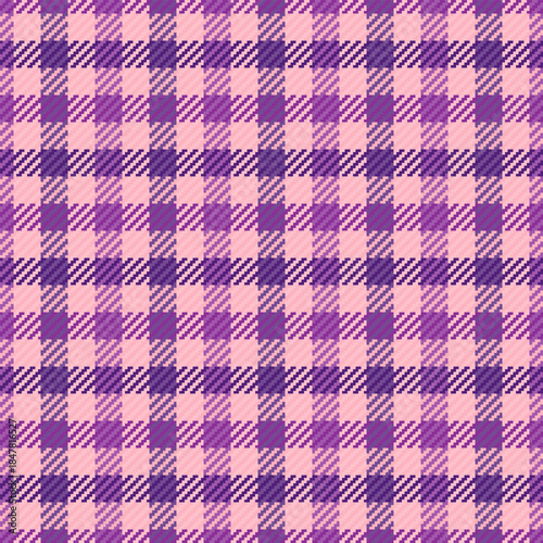 Linear textile fabric background, stylish vector plaid check. Apparel tartan pattern texture seamless in pink and purple colors.