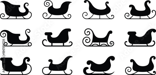Collection of twelve black silhouette Christmas sleighs with decorative scrolls sled winter
