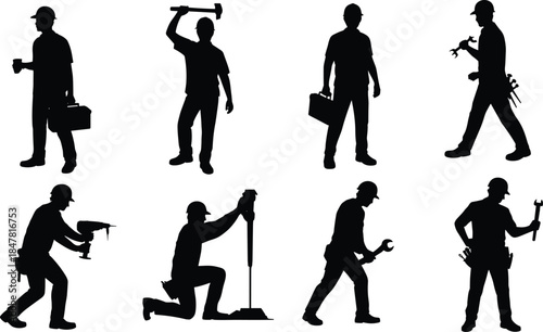 Eight black silhouette construction workers with tools and briefcases on white background builder