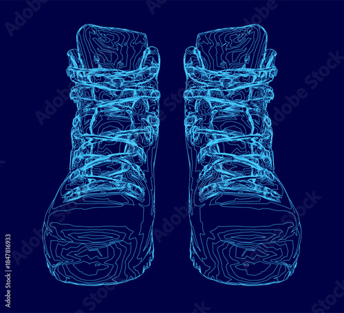 Blue military boots with lace-up closure stand out against a dark blue background. Their sturdy leather construction and clean contour create a bold, contrasting aesthetic.