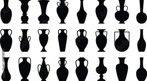 Grid of twenty-one black silhouette ancient Greek amphorae and vases on white pottery ceramic