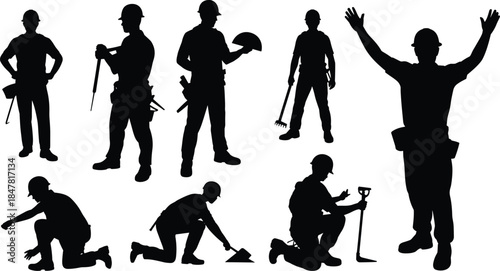 Nine black silhouette construction workers with tools and shovels on white background builder