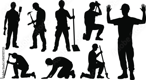 Silhouettes of Construction Workers with Tools in Different Poses on White Background Keywords: construction worker, silhouette