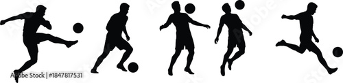 Soccer player silhouette vector set, football action poses, dynamic athlete icons, flat cad drawing, editable outline, isolated sports graphic