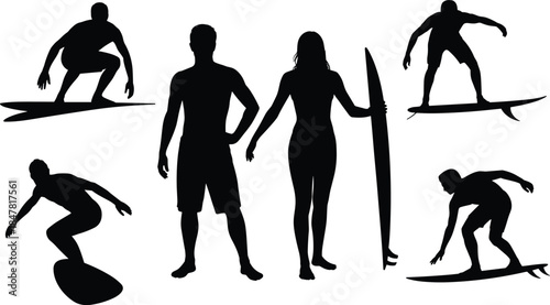 Silhouettes of surfers and surfboards on white background surfing woman