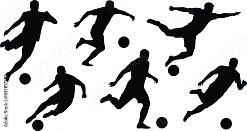 Soccer, player, silhouette, kicking, running, ball, sport, action, athlete, black, icon, vector, flat, dynamic, motion, pose, football, illustration, graphic, cad drawing flat vector illustration