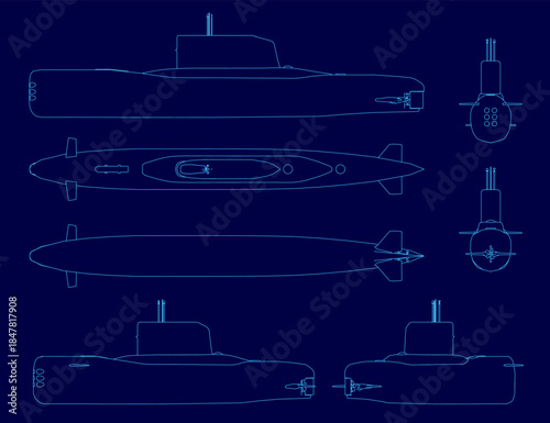 Low poly submarine blueprint on a blue background, featuring a detailed contour view of its complex mechanical shapes and internal structure.