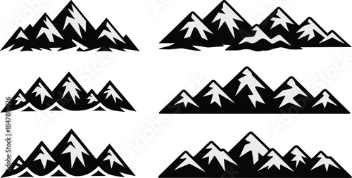 Stylized mountain range silhouette set, snow-capped peaks, black vector icons, outdoor nature shapes, flat CAD drawing illustration design