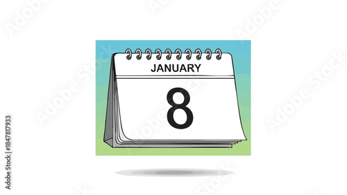 A clean graphic illustration of a desktop calendar displaying January the eighth, symbolizing important dates, time management, careful planning,