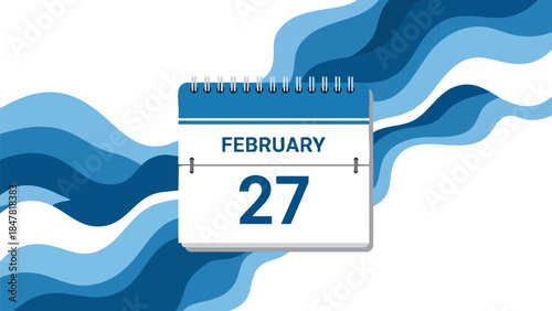 February 27th calendar date displayed with dynamic blue wave abstract background illustration
