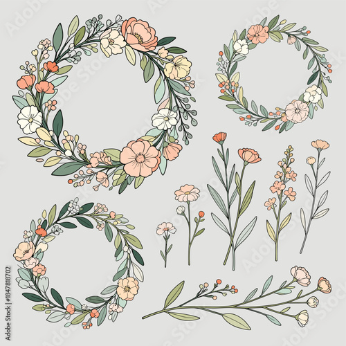 [Vector EPS]Delicate floral wreaths and plant elements for decorative design