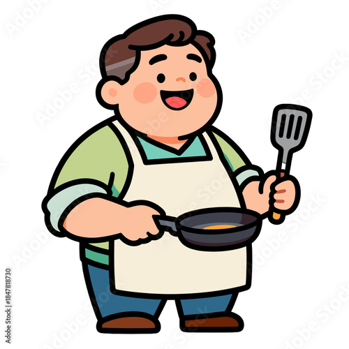 [Vector EPS]A cheerful man wearing an apron cooking with a pan and spatula