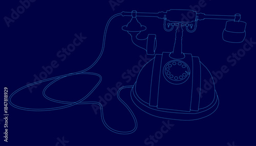 A vintage telephone with a classic rotary dial and handset rests on a solid blue background. Its coiled wire connects the receiver to the base.